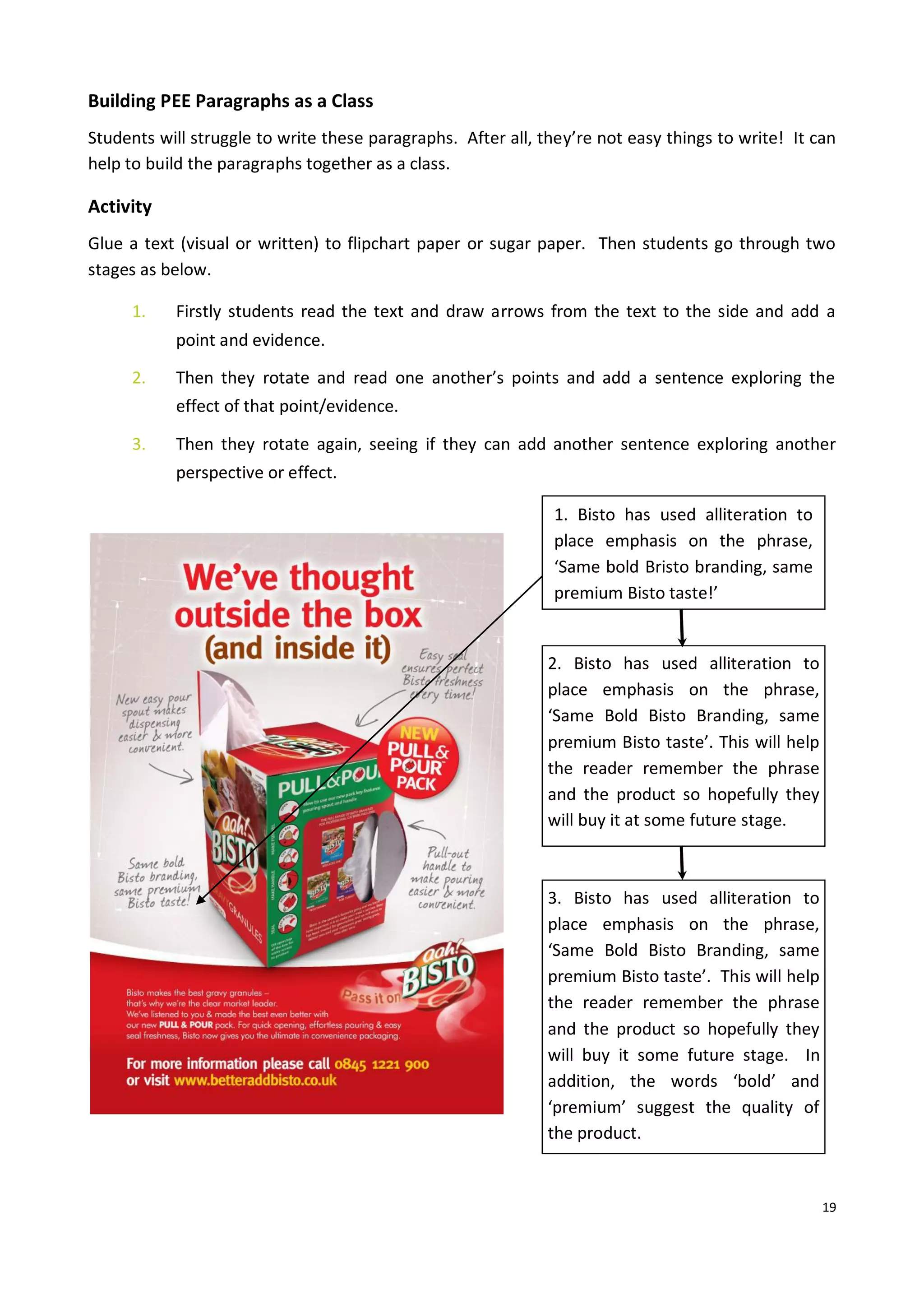 19
Building PEE Paragraphs as a Class
Students will struggle to write these paragraphs. After all, they’re not easy things to write! It can
help to build the paragraphs together as a class.
Activity
Glue a text (visual or written) to flipchart paper or sugar paper. Then students go through two
stages as below.
1. Firstly students read the text and draw arrows from the text to the side and add a
point and evidence.
2. Then they rotate and read one another’s points and add a sentence exploring the
effect of that point/evidence.
3. Then they rotate again, seeing if they can add another sentence exploring another
perspective or effect.
1. Bisto has used alliteration to
place emphasis on the phrase,
‘Same bold Bristo branding, same
premium Bisto taste!’
2. Bisto has used alliteration to
place emphasis on the phrase,
‘Same Bold Bisto Branding, same
premium Bisto taste’. This will help
the reader remember the phrase
and the product so hopefully they
will buy it at some future stage.
3. Bisto has used alliteration to
place emphasis on the phrase,
‘Same Bold Bisto Branding, same
premium Bisto taste’. This will help
the reader remember the phrase
and the product so hopefully they
will buy it some future stage. In
addition, the words ‘bold’ and
‘premium’ suggest the quality of
the product.
 
