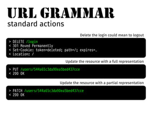 URL GRAMMAR 
standard actions 
Delete the login could mean to logout 
> DELETE /login 
< 301 Moved Permanently 
< Set-Cookie: token=deleted; path=/; expires=… 
< Location: / 
Update the resource with a full representation 
> PUT /users/544a65c3da90ea5bed437cce 
< 200 OK 
Update the resource with a partial representation 
> PATCH /users/544a65c3da90ea5bed437cce 
< 200 OK 
 