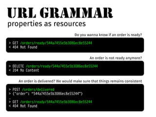 URL GRAMMAR 
properties as resources 
Do you wanna know if an order is ready? 
> GET /orders/ready/544a7455e5b3086ec8e55244 
< 404 Not Found 
An order is not ready anymore? 
> DELETE /orders/ready/544a7455e5b3086ec8e55244 
< 204 No Content 
An order is delivered? We would make sure that things remains consistent 
> POST /orders/delivered 
> {"order": “544a7455e5b3086ec8e55244”} 
… 
> GET /orders/ready/544a7455e5b3086ec8e55244 
< 404 Not Found 
 