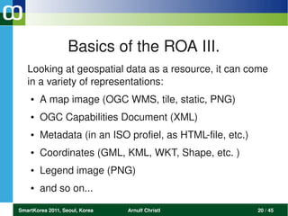 Basics of the ROA III.
   Looking at geospatial data as a resource, it can come 
   in a variety of representations: 
    ●   A map image (OGC WMS, tile, static, PNG)
    ●   OGC Capabilities Document (XML)
    ●   Metadata (in an ISO profiel, as HTML­file, etc.) 
    ●   Coordinates (GML, KML, WKT, Shape, etc. )
    ●   Legend image (PNG)
    ●   and so on...

SmartKorea 2011, Seoul, Korea   Arnulf Christl              20 / 45
 