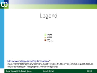 Legend




 http://www.metaspatial.net/cgi­bin/mapserv? 
 map=/home/data/germany/germany.map&version=1.1.1&service=WMS&request=GetLeg
 endGraphic&layer=Topographie&format=image/png
SmartKorea 2011, Seoul, Korea    Arnulf Christl                       22 / 45
 