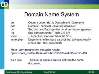 Domain Name System
    de                  Country code: "de" is Deutschland (Germany)
    tum                 Domain: Technical University of Munich
    bv                  Sub domain: Bauingenieur­ und Vermessungswesen
    rtg                 Sub domain: runder Tisch GIS e.V
    www                 ...superfluous leftover from the 90s 
    index.php           Document (in this case a script that will dynamically
                        create an HTML document).

    More (ugly) parameters the script needs: 
    option=com_content&task=view&id=535&Itemid=9&Itemid=110

    As a link:          This Link is opaque but still delivers the same 
                        document.


SmartKorea 2011, Seoul, Korea        Arnulf Christl                        28 / 45
 