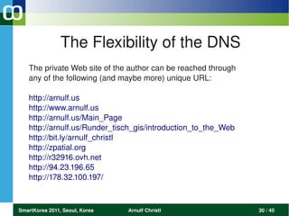 The Flexibility of the DNS
   The private Web site of the author can be reached through 
   any of the following (and maybe more) unique URL: 

   http://arnulf.us 
   http://www.arnulf.us 
   http://arnulf.us/Main_Page 
   http://arnulf.us/Runder_tisch_gis/introduction_to_the_Web 
   http://bit.ly/arnulf_christl 
   http://zpatial.org 
   http://r32916.ovh.net 
   http://94.23.196.65 
   http://178.32.100.197/ 



SmartKorea 2011, Seoul, Korea   Arnulf Christl                  30 / 45
 