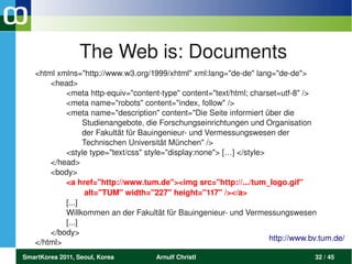 The Web is: Documents
   <html xmlns="http://www.w3.org/1999/xhtml" xml:lang="de­de" lang="de­de">
       <head>
           <meta http­equiv="content­type" content="text/html; charset=utf­8" />
           <meta name="robots" content="index, follow" />
           <meta name="description" content="Die Seite informiert über die 
                 Studienangebote, die Forschungseinrichtungen und Organisation 
                 der Fakultät für Bauingenieur­ und Vermessungswesen der 
                 Technischen Universität München" />
           <style type="text/css" style="display:none"> […] </style>
       </head>
       <body>
           <a href="http://www.tum.de"><img src="http://.../tum_logo.gif"
                  alt="TUM" width="227" height="117" /></a>
           [...]
           Willkommen an der Fakultät für Bauingenieur­ und Vermessungswesen
           [...]
       </body>
                                                                     http://www.bv.tum.de/ 
   </html>
SmartKorea 2011, Seoul, Korea        Arnulf Christl                               32 / 45
 