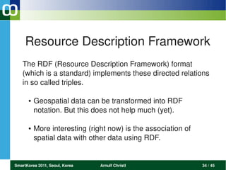 Resource Description Framework
   The RDF (Resource Description Framework) format 
   (which is a standard) implements these directed relations 
   in so called triples. 

      ●   Geospatial data can be transformed into RDF 
          notation. But this does not help much (yet).
           
      ●   More interesting (right now) is the association of 
          spatial data with other data using RDF. 


SmartKorea 2011, Seoul, Korea   Arnulf Christl                  34 / 45
 