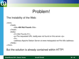Problem!
 The Instability of the Web: 
 <html>
     <head>
         <title>404 Not Found</title>
     </head>
     <body>
         <h1>Not Found</h1>
         <p>The requested URL /asdfg was not found on this server.</p>
         <hr>
         <address>Apache Debian Server at www.metaspatial.net Port 80</address>
     </body>
 </html>

 But the solution is already contained within HTTP!

SmartKorea 2011, Seoul, Korea     Arnulf Christl                           36 / 45
 