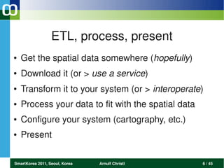 ETL, process, present
●   Get the spatial data somewhere (hopefully)
●   Download it (or > use a service)
●   Transform it to your system (or > interoperate)
●   Process your data to fit with the spatial data
●   Configure your system (cartography, etc.)
●   Present


SmartKorea 2011, Seoul, Korea   Arnulf Christl       6 / 45
 