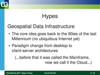 Hypes
 Geospatial Data Infrastructure
  ●   The core idea goes back to the 90ies of the last 
      Millennium (no ubiquitous Internet yet)
  ●   Paradigm change from desktop to 
      client­server architectures
         (...before that it was called the Mainframe,       
                             now we call it the Cloud...)     

SmartKorea 2011, Seoul, Korea   Arnulf Christl           9 / 45
 