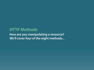 HTTP Methods
How are you manipulating a resource?
We’ll cover four of the eight methods...
 