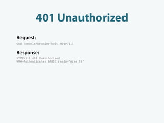 401 Unauthorized
Request:
GET /people/bradley-holt HTTP/1.1


Response:
HTTP/1.1 401 Unauthorized
WWW-Authenticate: BASIC realm="Area 51"
 