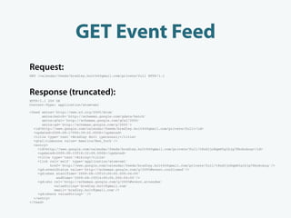 GET Event Feed
Request:
GET /calendar/feeds/bradley.holt%40gmail.com/private/full HTTP/1.1




Response (truncated):
HTTP/1.1 200 OK
Content-Type: application/atom+xml

<feed xmlns='http://www.w3.org/2005/Atom'
      xmlns:batch='http://schemas.google.com/gdata/batch'
      xmlns:gCal='http://schemas.google.com/gCal/2005'
      xmlns:gd='http://schemas.google.com/g/2005'>
  <id>http://www.google.com/calendar/feeds/bradley.holt%40gmail.com/private/full</id>
  <updated>2009-08-17T06:39:02.000Z</updated>
  <title type='text'>Bradley Holt (personal)</title>
  <gCal:timezone value='America/New_York'/>
  <entry>
    <id>http://www.google.com/calendar/feeds/bradley.holt%40gmail.com/private/full/t8od3jn8qm65g1bjg78kokukug</id>
    <updated>2009-08-15T18:32:09.000Z</updated>
    <title type='text'>Biking</title>
    <link rel='self' type='application/atom+xml'
           href='http://www.google.com/calendar/feeds/bradley.holt%40gmail.com/private/full/t8od3jn8qm65g1bjg78kokukug'/>
    <gd:eventStatus value='http://schemas.google.com/g/2005#event.confirmed'/>
    <gd:when startTime='2009-08-15T10:00:00.000-04:00'
              endTime='2009-08-15T14:00:00.000-04:00'/>
    <gd:who rel='http://schemas.google.com/g/2005#event.attendee'
             valueString='bradley.holt@gmail.com'
             email='bradley.holt@gmail.com'/>
    <gd:where valueString=''/>
  </entry>
</feed>
 