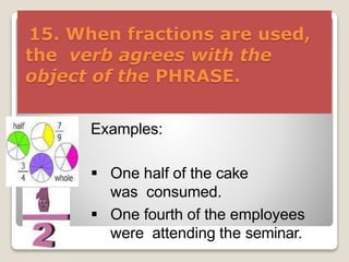 15. When fractions are used,
the verb agrees with the
object of the PHRASE.
Examples:
 One half of the cake
was consumed.
 One fourth of the employees
were attending the seminar.
 