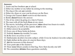 Answers:
1. Annie and her brothers are at school.
2. Either my mother or my father is coming to the meeting.
3. The dog or the cats are outside.
4. Either my shoes or your coat is always on the floor.
5. George and Tamara don't want to see that movie.
6. Benito doesn't know the answer.
7. One of my sisters is going on a trip to France.
8. The man with all the birds lives on my street.
9. The movie, including all the previews, takes about two hours to watch.
10. The players, as well as the captain, want to win.
11. Either answer is acceptable.
12. Every one of those books is fiction.
13. Nobody knows the trouble I've seen.
14. Is the news on at five or six?
15. Mathematics is John's favorite subject, while Civics is Andrea's favorite subject.
16. Eight dollars is the price of a movie these days.
17. Are the tweezers in this drawer?
18. Your pants are at the cleaner's.
19. There were fifteen candies in that bag. Now there is only one left!
20. The committee debates these questions carefully.
 