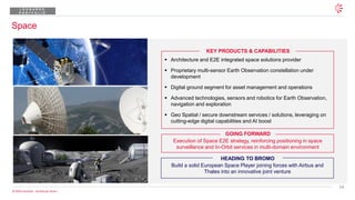 14
© 2026 Leonardo - Società per Azioni
▪ Architecture and E2E integrated space solutions provider
▪ Proprietary multi-sensor Earth Observation constellation under
development
▪ Digital ground segment for asset management and operations
▪ Advanced technologies, sensors and robotics for Earth Observation,
navigation and exploration
▪ Geo Spatial / secure downstream services / solutions, leveraging on
cutting-edge digital capabilities and AI boost
Execution of Space E2E strategy, reinforcing positioning in space
surveillance and In-Orbit services in multi-domain environment
Space
GOING FORWARD
KEY PRODUCTS & CAPABILITIES
L E O N A R D O
P O R T F O L I O
Build a solid European Space Player joining forces with Airbus and
Thales into an innovative joint venture
HEADING TO BROMO
 