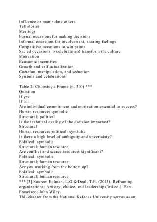 Influence or manipulate others
Tell stories
Meetings
Formal occasions for making decisions
Informal occasions for involvement, sharing feelings
Competitive occasions to win points
Sacred occasions to celebrate and transform the culture
Motivation
Economic incentives
Growth and self-actualization
Coercion, manipulation, and seduction
Symbols and celebrations
Table 2: Choosing a Frame (p. 310) ***
Question
If yes:
If no:
Are individual commitment and motivation essential to success?
Human resource; symbolic
Structural; political
Is the technical quality of the decision important?
Structural
Human resource; political; symbolic
Is there a high level of ambiguity and uncertainty?
Political; symbolic
Structural; human resource
Are conflict and scarce resources significant?
Political; symbolic
Structural; human resource
Are you working from the bottom up?
Political; symbolic
Structural; human resource
*** [3] Source: Bolman, L.G.& Deal, T.E. (2003). Reframing
organizations: Artistry, choice, and leadership (3rd ed.). San
Francisco: John Wiley.
This chapter from the National Defense University serves as an
 