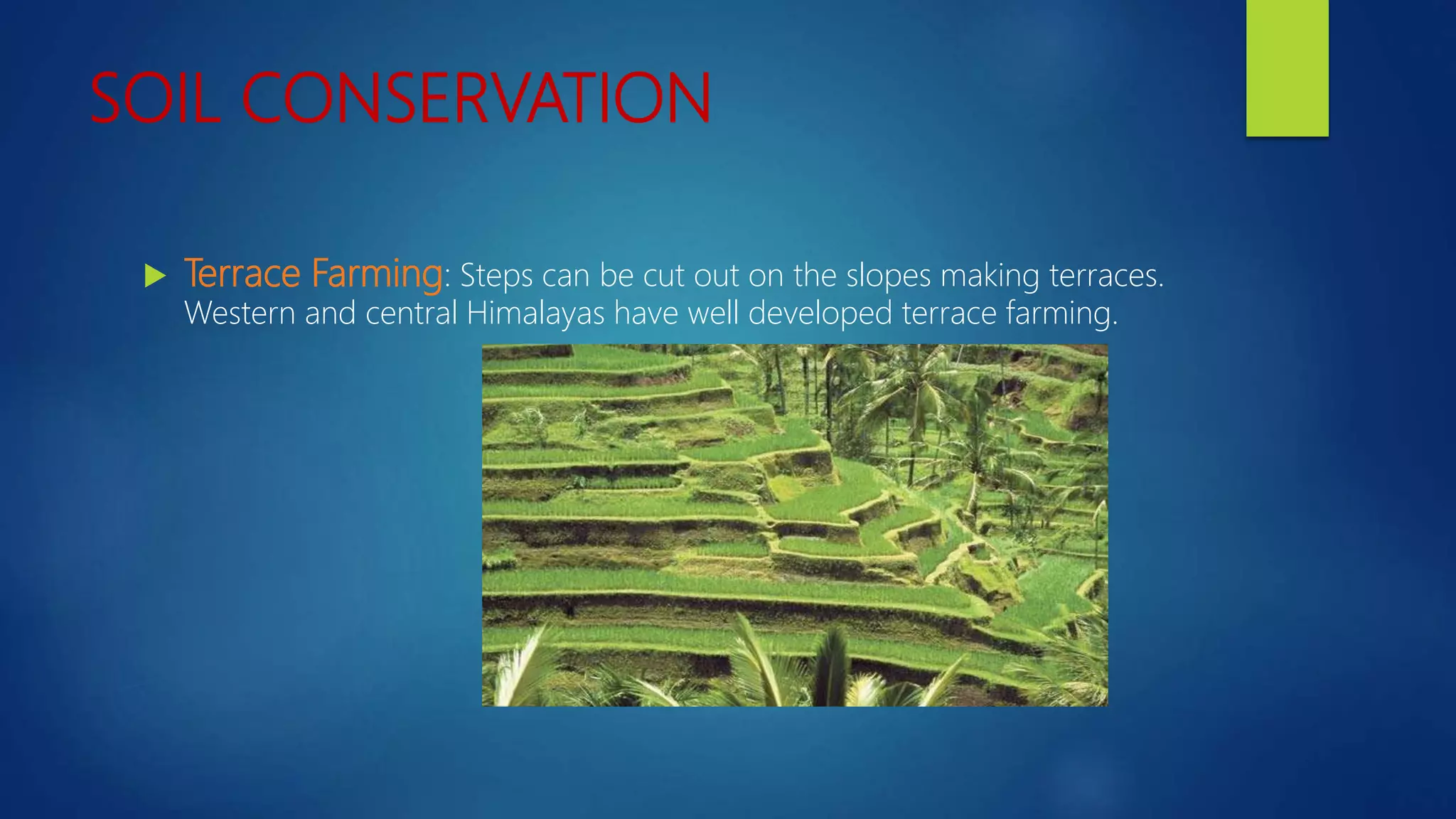SOIL CONSERVATION
 Terrace Farming: Steps can be cut out on the slopes making terraces.
Western and central Himalayas have well developed terrace farming.
 