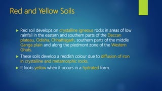 Red and Yellow Soils
 Red soil develops on crystalline igneous rocks in areas of low
rainfall in the eastern and southern parts of the Deccan
plateau, Odisha, Chhattisgarh, southern parts of the middle
Ganga plain and along the piedmont zone of the Western
Ghats.
 These soils develop a reddish colour due to diffusion of iron
in crystalline and metamorphic rocks.
 It looks yellow when it occurs in a hydrated form.
 