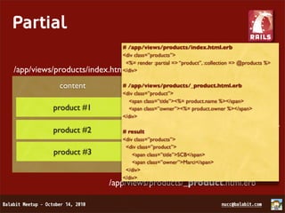 Partial
                             # /app/views/products/index.html.erb
                             <div class=”products”>
                              <%= render :partial => “product”, :collection => @products %>
/app/views/products/index.html.erb
                             </div>

            content          # /app/views/products/_product.html.erb
                                   #object
                             <div class=”product”>
                               <span class=”title”><%= product.name %></span> =>
                                    render :partial => “product”, :object             ...
          product #1           <span class=”owner”><%= product.owner %></span>
                             </div>#array
                                  render :partial => “product”, :collection => ...
          product #2         # result
                             <div class=”products”>
                              <div class=”product”>
          product #3             <span class=”title”>SCB</span>
                                 <span class=”owner”>Marci</span>
                              </div>
                             </div>
                         /app/views/products/_product.html.erb
 