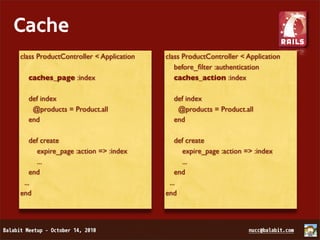 Cache
class ProductController < Application   class ProductController < Application
                                           before_ﬁlter :authentication
  caches_page :index                       caches_action :index

  def index                               def index
   @products = Product.all                 @products = Product.all
  end                                     end

    def create                              def create
      expire_page :action => :index           expire_page :action => :index
      ...                                     ...
    end                                     end
 ...                                     ...
end                                     end
 