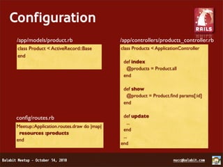 Configuration
 /app/models/product.rb                     /app/controllers/products_controller.rb
 class Product < ActiveRecord::Base         class Products < ApplicationController
 end
                                             def index
                                              @products = Product.all
                                             end

                                             def show
                                              @product = Product.ﬁnd params[:id]
                                             end


 conﬁg/routes.rb                             def update
                                                ...
 Meetup::Application.routes.draw do |map|
                                             end
  resources :products
                                             ...
 end
                                            end
 