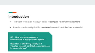 Introduction
● This work focuses on making it easier to compare research contributions
● In order to effectively do this, structured research contributions are needed
RQ1: How to compare research
contributions in a graph based system?
RQ2: How to effectively specify and
visualize research contribution comparisons
in a user interface?
 
