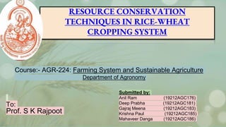 RESOURCE CONSERVATION
TECHNIQUES IN RICE-WHEAT
CROPPING SYSTEM
To:
Prof. S K Rajpoot
Submitted by:
Anil Ram (19212AGC176)
Deep Prabha (19212AGC181)
Gajraj Meena (19212AGC183)
Krishna Paul (19212AGC185)
Mahaveer Danga (19212AGC186)
Course:- AGR-224: Farming System and Sustainable Agriculture
Department of Agronomy
 