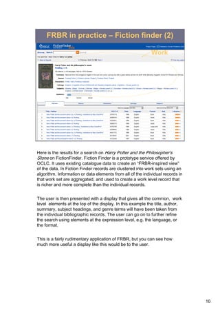 FRBR in practice – Fiction finder (2)

                                                            Work




Here is the results for a search on Harry Potter and the Philosopher’s
Stone on FictionFinder. Fiction Finder is a prototype service offered by
OCLC. It uses existing catalogue data to create an “FRBR-inspired view”
of the data. In Fiction Finder records are clustered into work sets using an
algorithm. Information or data elements from all of the individual records in
that work set are aggregated, and used to create a work level record that
is richer and more complete than the individual records.


The user is then presented with a display that gives all the common, work
level elements at the top of the display. In this example the title, author,
summary, subject headings, and genre terms will have been taken from
the individual bibliographic records. The user can go on to further refine
the search using elements at the expression level, e.g. the language, or
the format.


This is a fairly rudimentary application of FRBR, but you can see how
much more useful a display like this would be to the user.




                                                                                10
 