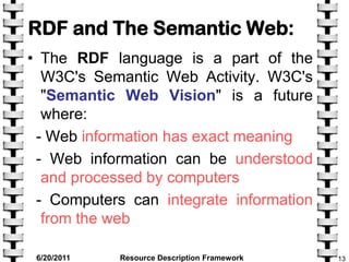RDF can be Written in XML:<br />RDF documents can be written in XML. XML language : RDF/XML.<br />information exchange bet...
