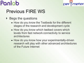 Previous FIRE WS <ul><li>Begs the questions </li></ul><ul><ul><li>How do you know the  Testbeds for the different stages o...