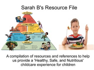 Sarah B's Resource File

A compilation of resources and references to help
us provide a 'Healthy, Safe, and Nutritious'
childcare experience for children

 