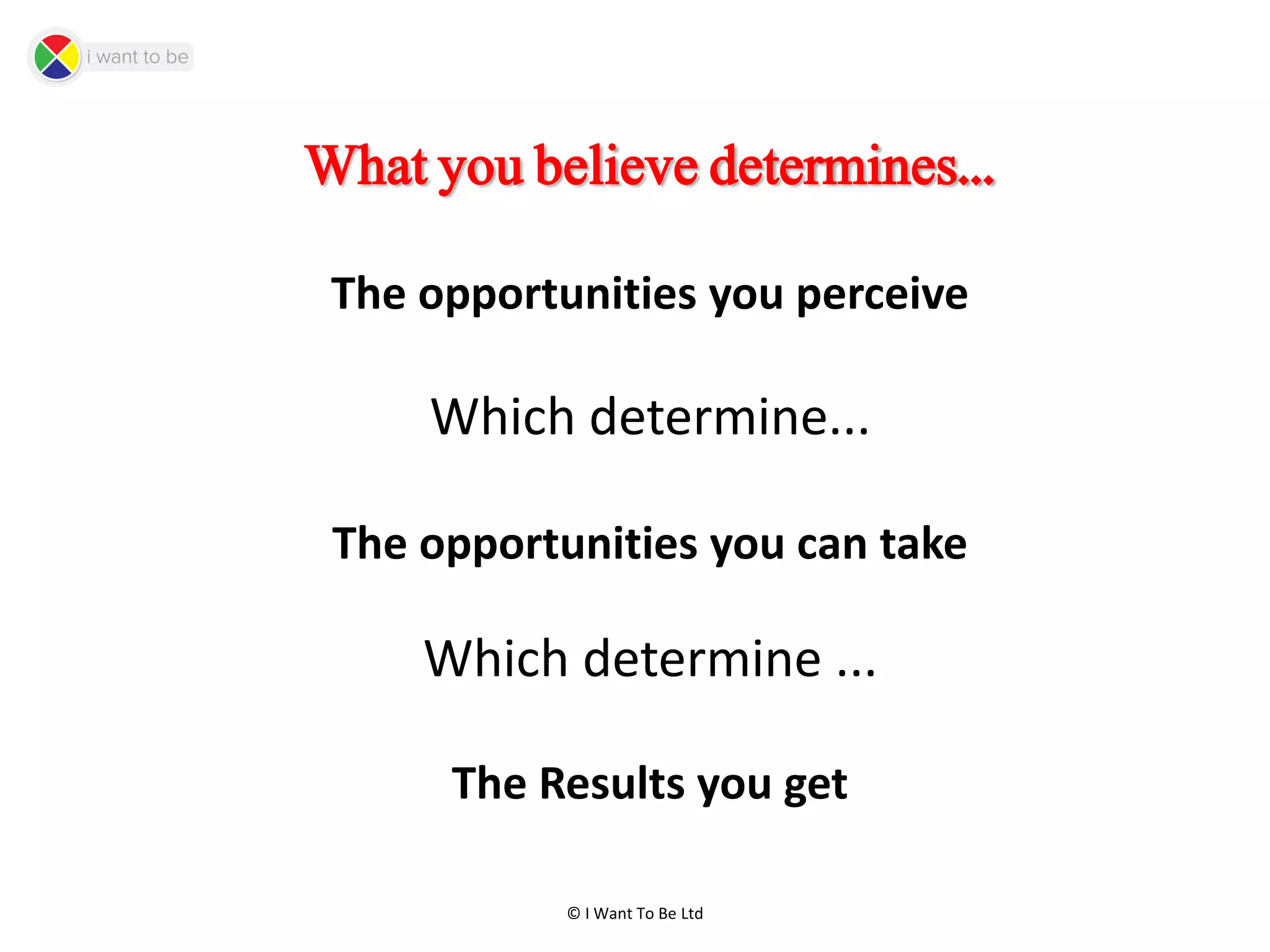 © I Want To Be Ltd
What you believe determines...
The opportunities you perceive
Which determine...
The opportunities you can take
Which determine ...
The Results you get
 