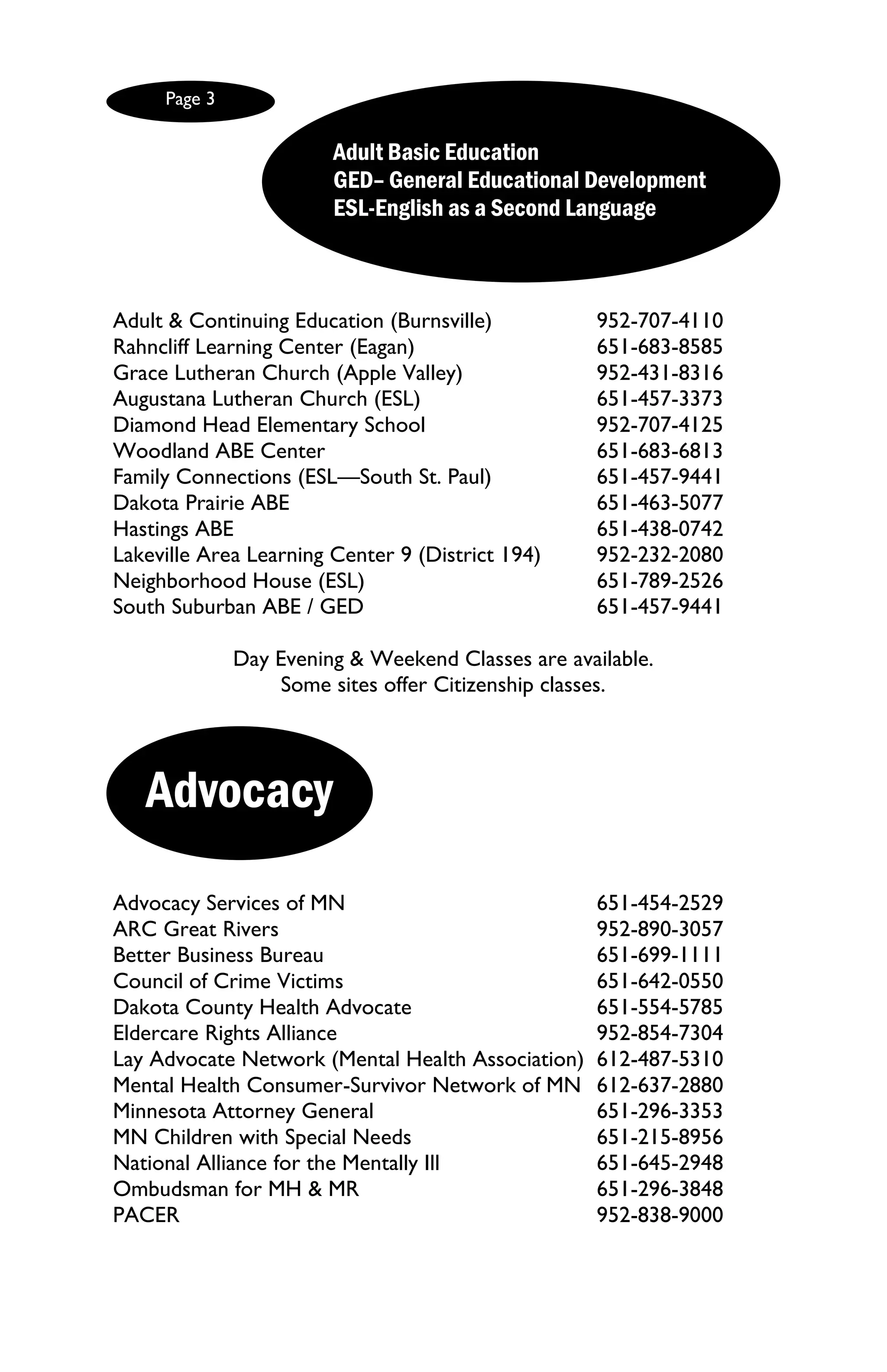Page 3

                        Adult Basic Education
                        GED– General Educational Development
                        ESL-English as a Second Language



Adult & Continuing Education (Burnsville)           952-707-4110
Rahncliff Learning Center (Eagan)                   651-683-8585
Grace Lutheran Church (Apple Valley)                952-431-8316
Augustana Lutheran Church (ESL)                     651-457-3373
Diamond Head Elementary School                      952-707-4125
Woodland ABE Center                                 651-683-6813
Family Connections (ESL—South St. Paul)             651-457-9441
Dakota Prairie ABE                                  651-463-5077
Hastings ABE                                        651-438-0742
Lakeville Area Learning Center 9 (District 194)     952-232-2080
Neighborhood House (ESL)                            651-789-2526
South Suburban ABE / GED                            651-457-9441

              Day Evening & Weekend Classes are available.
                   Some sites offer Citizenship classes.




   Advocacy
Advocacy Services of MN                             651-454-2529
ARC Great Rivers                                    952-890-3057
Better Business Bureau                              651-699-1111
Council of Crime Victims                            651-642-0550
Dakota County Health Advocate                       651-554-5785
Eldercare Rights Alliance                           952-854-7304
Lay Advocate Network (Mental Health Association)    612-487-5310
Mental Health Consumer-Survivor Network of MN       612-637-2880
Minnesota Attorney General                          651-296-3353
MN Children with Special Needs                      651-215-8956
National Alliance for the Mentally Ill              651-645-2948
Ombudsman for MH & MR                               651-296-3848
PACER                                               952-838-9000
 