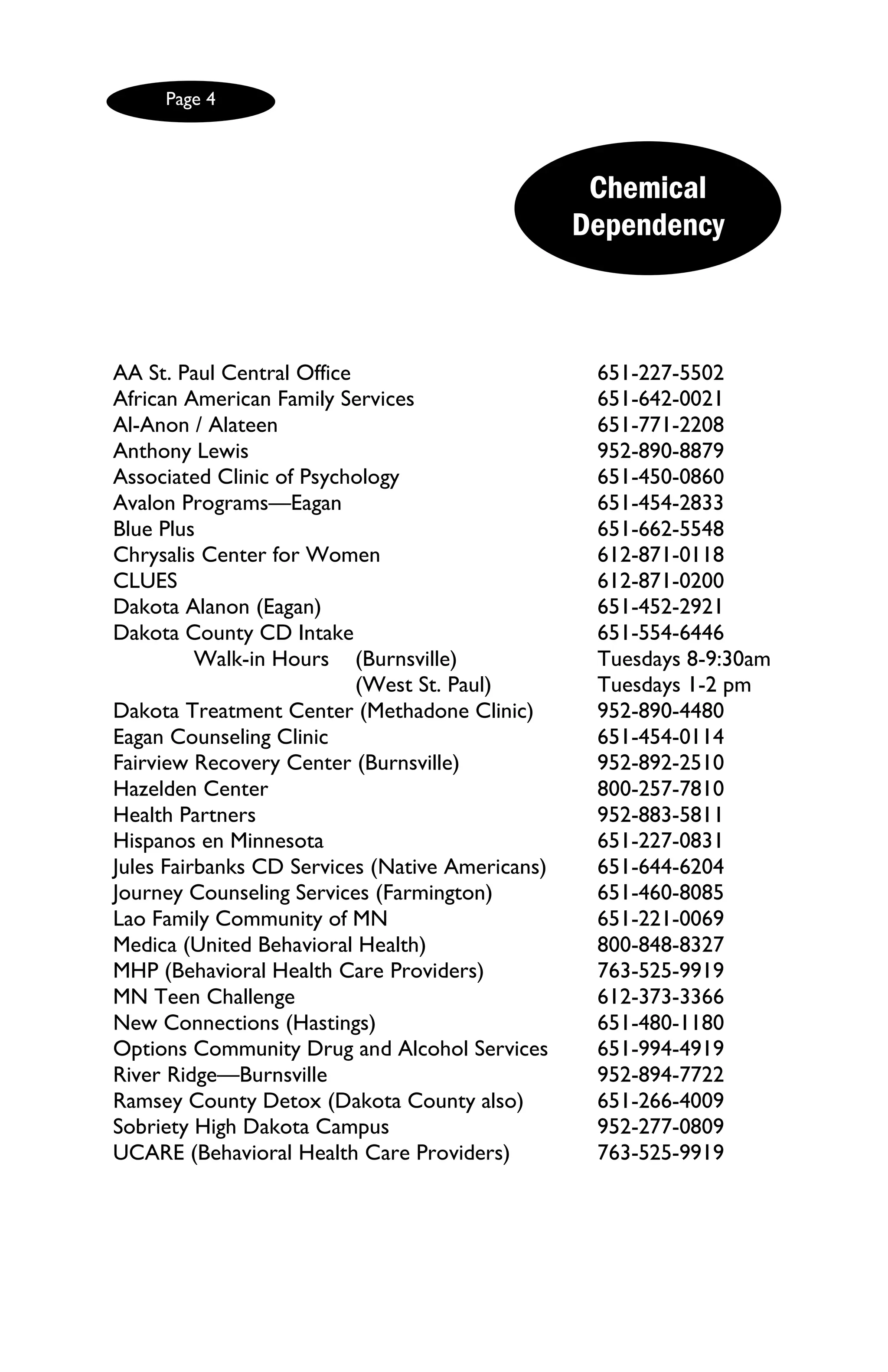 Page 4



                                                  Chemical
                                                 Dependency



AA St. Paul Central Office                        651-227-5502
African American Family Services                  651-642-0021
Al-Anon / Alateen                                 651-771-2208
Anthony Lewis                                     952-890-8879
Associated Clinic of Psychology                   651-450-0860
Avalon Programs—Eagan                             651-454-2833
Blue Plus                                         651-662-5548
Chrysalis Center for Women                        612-871-0118
CLUES                                             612-871-0200
Dakota Alanon (Eagan)                             651-452-2921
Dakota County CD Intake                           651-554-6446
          Walk-in Hours (Burnsville)              Tuesdays 8-9:30am
                           (West St. Paul)        Tuesdays 1-2 pm
Dakota Treatment Center (Methadone Clinic)        952-890-4480
Eagan Counseling Clinic                           651-454-0114
Fairview Recovery Center (Burnsville)             952-892-2510
Hazelden Center                                   800-257-7810
Health Partners                                   952-883-5811
Hispanos en Minnesota                             651-227-0831
Jules Fairbanks CD Services (Native Americans)    651-644-6204
Journey Counseling Services (Farmington)          651-460-8085
Lao Family Community of MN                        651-221-0069
Medica (United Behavioral Health)                 800-848-8327
MHP (Behavioral Health Care Providers)            763-525-9919
MN Teen Challenge                                 612-373-3366
New Connections (Hastings)                        651-480-1180
Options Community Drug and Alcohol Services       651-994-4919
River Ridge—Burnsville                            952-894-7722
Ramsey County Detox (Dakota County also)          651-266-4009
Sobriety High Dakota Campus                       952-277-0809
UCARE (Behavioral Health Care Providers)          763-525-9919
 