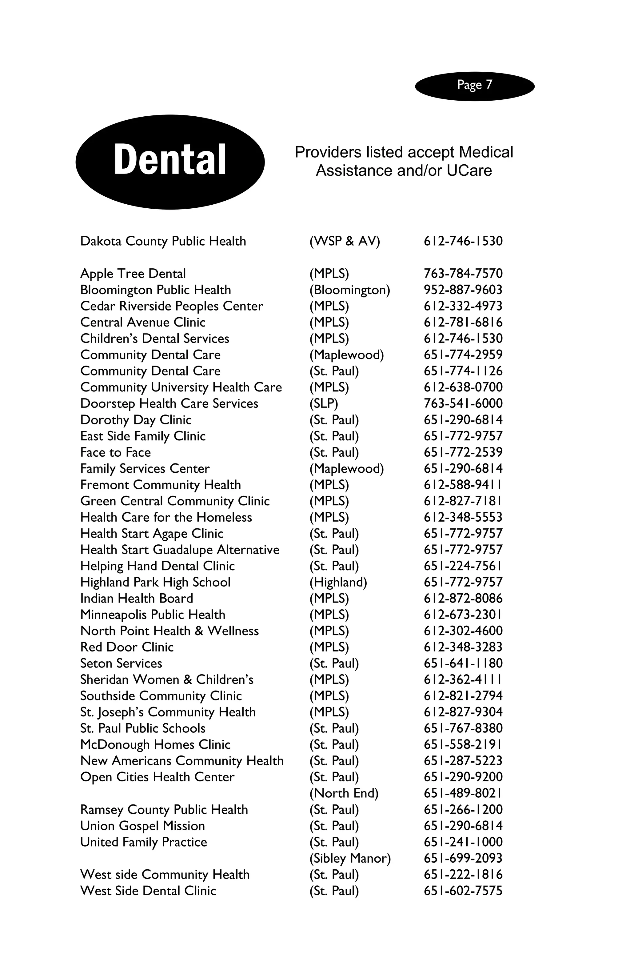 Page 7




     Dental                          Providers listed accept Medical
                                        Assistance and/or UCare



Dakota County Public Health            (WSP & AV)       612-746-1530

Apple Tree Dental                      (MPLS)           763-784-7570
Bloomington Public Health              (Bloomington)    952-887-9603
Cedar Riverside Peoples Center         (MPLS)           612-332-4973
Central Avenue Clinic                  (MPLS)           612-781-6816
Children’s Dental Services             (MPLS)           612-746-1530
Community Dental Care                  (Maplewood)      651-774-2959
Community Dental Care                  (St. Paul)       651-774-1126
Community University Health Care       (MPLS)           612-638-0700
Doorstep Health Care Services          (SLP)            763-541-6000
Dorothy Day Clinic                     (St. Paul)       651-290-6814
East Side Family Clinic                (St. Paul)       651-772-9757
Face to Face                           (St. Paul)       651-772-2539
Family Services Center                 (Maplewood)      651-290-6814
Fremont Community Health               (MPLS)           612-588-9411
Green Central Community Clinic         (MPLS)           612-827-7181
Health Care for the Homeless           (MPLS)           612-348-5553
Health Start Agape Clinic              (St. Paul)       651-772-9757
Health Start Guadalupe Alternative     (St. Paul)       651-772-9757
Helping Hand Dental Clinic             (St. Paul)       651-224-7561
Highland Park High School              (Highland)       651-772-9757
Indian Health Board                    (MPLS)           612-872-8086
Minneapolis Public Health              (MPLS)           612-673-2301
North Point Health & Wellness          (MPLS)           612-302-4600
Red Door Clinic                        (MPLS)           612-348-3283
Seton Services                         (St. Paul)       651-641-1180
Sheridan Women & Children’s            (MPLS)           612-362-4111
Southside Community Clinic             (MPLS)           612-821-2794
St. Joseph’s Community Health          (MPLS)           612-827-9304
St. Paul Public Schools                (St. Paul)       651-767-8380
McDonough Homes Clinic                 (St. Paul)       651-558-2191
New Americans Community Health         (St. Paul)       651-287-5223
Open Cities Health Center              (St. Paul)       651-290-9200
                                       (North End)      651-489-8021
Ramsey County Public Health            (St. Paul)       651-266-1200
Union Gospel Mission                   (St. Paul)       651-290-6814
United Family Practice                 (St. Paul)       651-241-1000
                                       (Sibley Manor)   651-699-2093
West side Community Health             (St. Paul)       651-222-1816
West Side Dental Clinic                (St. Paul)       651-602-7575
 