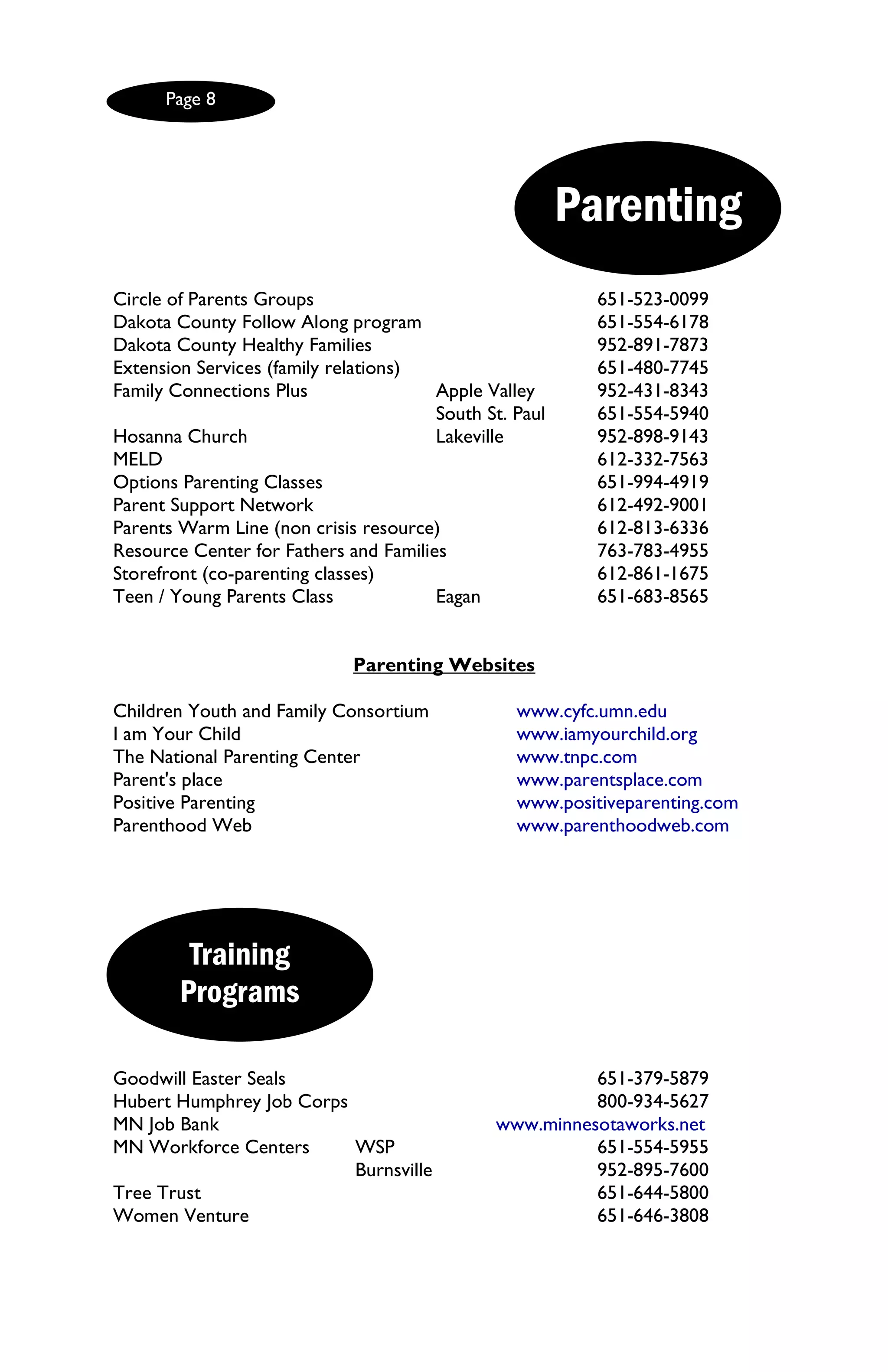 Page 8




                                                        Parenting
Circle of Parents Groups                                  651-523-0099
Dakota County Follow Along program                        651-554-6178
Dakota County Healthy Families                            952-891-7873
Extension Services (family relations)                     651-480-7745
Family Connections Plus                Apple Valley       952-431-8343
                                       South St. Paul     651-554-5940
Hosanna Church                         Lakeville          952-898-9143
MELD                                                      612-332-7563
Options Parenting Classes                                 651-994-4919
Parent Support Network                                    612-492-9001
Parents Warm Line (non crisis resource)                   612-813-6336
Resource Center for Fathers and Families                  763-783-4955
Storefront (co-parenting classes)                         612-861-1675
Teen / Young Parents Class             Eagan              651-683-8565


                             Parenting Websites

Children Youth and Family Consortium             www.cyfc.umn.edu
I am Your Child                                  www.iamyourchild.org
The National Parenting Center                    www.tnpc.com
Parent's place                                   www.parentsplace.com
Positive Parenting                               www.positiveparenting.com
Parenthood Web                                   www.parenthoodweb.com




         Training
        Programs

Goodwill Easter Seals                                   651-379-5879
Hubert Humphrey Job Corps                               800-934-5627
MN Job Bank                                   www.minnesotaworks.net
MN Workforce Centers      WSP                           651-554-5955
                          Burnsville                    952-895-7600
Tree Trust                                              651-644-5800
Women Venture                                           651-646-3808
 