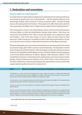 RESOURCE GUIDE ON GENDER AND CLIMATE CHANGE 
40 
56 UNFPA, 2000. 
1. Declarations and conventions 
Human rights as a starting point 
A number of human rights treaties and agreements celebrated at international conferences and created by governments over several decades – with the growing influence of an increasingly stronger world movement in favour of women’s rights – provide the legal bases to eliminate gender discrimination. These agreements affirm that women and men have equal rights and oblige states to adopt measures against discriminatory practices.56 
The starting point is found in the United Nations Charter and the Universal Declaration of Human Rights, to which all United Nations Member States adhere. After these two instruments were drafted in the 1940s, concrete descriptions were prepared on rights and freedoms. Each of the later treaties on human rights has been based on their precursor’s explicit recognition of equality of rights and fundamental freedoms of each man and each woman, and has emphasized the protection of the dignity of persons. 
Decisions adopted by consensus at international conferences are also powerful instruments to promote change, both within countries and internationally. The Declaration and the Vienna Programme of Action (Vienna, 1993); the Programme of Action of the International Conference on Population and Development (Cairo, 1994); the Platform of Action approved at the Fourth World Conference on Women (Beijing, 1995); Resolution 2005/31 of the United Nations Economic and Social Council; and Resolution (jj) on Financing for Gender Equality and the Empowerment of Women at the 52nd Session of the Commission on the Status of Women are all international agreements approved by consensus that firmly support gender equality and women’s empowerment. 
BOX 9 
A Declaration is a series of norms and principles that states create and promise to comply with within their nations. The States that sign it have no obligation to comply. If they do not, they are given a “moral sanction,” that is, they are reprimanded (Example: the Millennium Declaration, 2000). 
A Convention is a series of agreements by states with norms and principles that oblige them to guarantee their compliance (Example: American Convention on Human Rights). 
A Pact is an annex of new norms added to a Convention (Example the Facultative Protocol of CEDAW and the Kyoto Protocol). 
A pact or a convention becomes effective when it is ratified. It must be borne in mind that it is not enough for states to sign the pact or convention; a state is not fully committed until it ratifies the agreement. Ratification means that it is signed as a contract committing the country to comply. At the same time, the international community (the other signatory countries) has the right to request an explanation in the case of non-compliance. 
Source: UNFPA, 2008. http://www.unfpa.org/derechos/preguntas.htm. 
What is the difference between a declaration, a convention and a pact?  