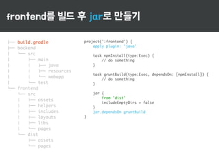 frontend를 빌드 후 jar로 만들기 
"## build.gradle 
"## backend 
$ &## src 
$ "## main 
$ $ "## java 
$ $ "## resources 
$ $ &## webapp 
$ &## test 
&## frontend 
&## src 
$ "## assets 
$ "## helpers 
$ "## includes 
$ "## layouts 
$ "## libs 
$ &## pages 
&## dist 
"## assets 
&## pages 
project(':frontend') { 
apply plugin: 'java' 
! 
task npmInstall(type:Exec) { 
// do something 
} 
! 
task gruntBuild(type:Exec, dependsOn: [npmInstall]) { 
// do something 
} 
! 
jar { 
from 'dist' 
includeEmptyDirs = false 
} 
jar.dependsOn gruntBuild 
} 
 