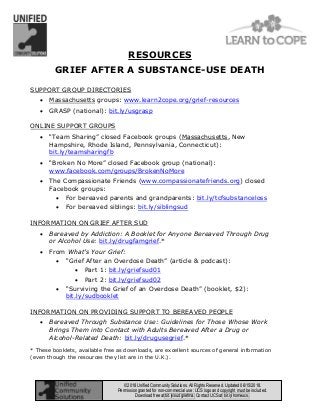 RESOURCES
GRIEF AFTER A SUBSTANCE-USE DEATH
© 2018 Unified Community Solutions. All Rights Reserved. Updated 06/15/2018.
Permission granted for non-commercial use: UCS logo and copyright must be included.
Download free at bit.ly/sudgriefma. Contact UCS at bit.ly/homeucs.
SUPPORT GROUP DIRECTORIES
• Massachusetts groups: www.learn2cope.org/grief-resources
• GRASP (national): bit.ly/usgrasp
ONLINE SUPPORT GROUPS
• “Team Sharing” closed Facebook groups (Massachusetts, New
Hampshire, Rhode Island, Pennsylvania, Connecticut):
bit.ly/teamsharingfb
• “Broken No More” closed Facebook group (national):
www.facebook.com/groups/BrokenNoMore
• The Compassionate Friends (www.compassionatefriends.org) closed
Facebook groups:
• For bereaved parents and grandparents: bit.ly/tcfsubstanceloss
• For bereaved siblings: bit.ly/siblingsud
INFORMATION ON GRIEF AFTER SUD
• Bereaved by Addiction: A Booklet for Anyone Bereaved Through Drug
or Alcohol Use: bit.ly/drugfamgrief.*
• From What’s Your Grief:
• “Grief After an Overdose Death” (article & podcast):
• Part 1: bit.ly/griefsud01
• Part 2: bit.ly/griefsud02
• “Surviving the Grief of an Overdose Death” (booklet, $2):
bit.ly/sudbooklet
INFORMATION ON PROVIDING SUPPORT TO BEREAVED PEOPLE
• Bereaved Through Substance Use: Guidelines for Those Whose Work
Brings Them into Contact with Adults Bereaved After a Drug or
Alcohol-Related Death: bit.ly/drugusegrief.*
* These booklets, available free as downloads, are excellent sources of general information
(even though the resources they list are in the U.K.).
 
