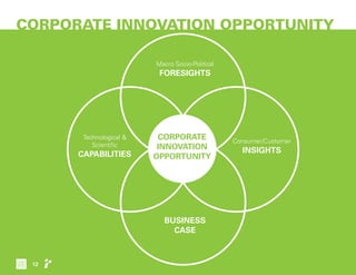 CORPORATE INNOVATION OPPORTUNITY
Macro Socio-Political
FORESIGHTS
Consumer/Customer
INSIGHTS
Technological &
Scientific
CAPABILITIES
BUSINESS
CASE
CORPORATE
INNOVATION
OPPORTUNITY
12
 