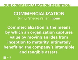 OUR COMMERCIALIZATION DEFINITION
COMMERCIALIZATION
(k-mur’she-li-za’shen) noun
Commercialization is the means
by which an organization captures
value by moving an idea from
inception to maturity, ultimately
benefiting the company’s intangible
and tangible assets.
18
 