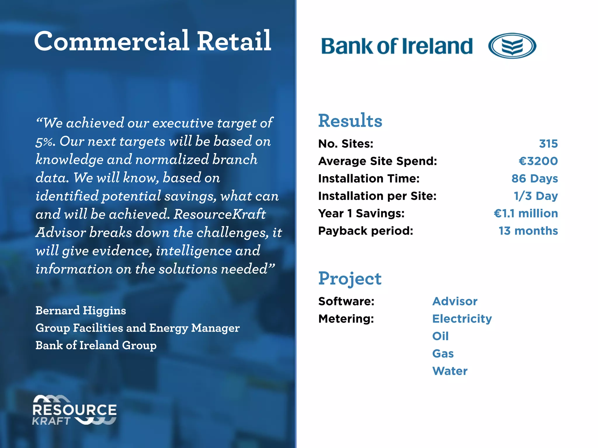 Commercial Retail
“We have achieved our executive target
of 5% by 2011. Our next targets will be
based on knowledge and normalized
branch data. We will know, based on
identified potential savings, what can
and will be achieved. ResourceKraft
Advisor breaks down the challenges, it
will give evidence, intelligence and
information on the solutions needed”
!
Bernard Higgins
Group Facilities and Energy Manager
Bank of Ireland Group
Results
No. Sites: 315
Average Site Spend: €3,200
Installation Time: 86 Days
Installation per Site: 1/3 Day
Year 1 Savings: €1.1 million
Payback period: 13 months
!
Project
Software: Advisor
Metering: Electricity
Oil
Gas
Water
 
 