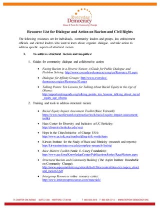Resource List for Dialogue and Action on Racism and Civil Rights
The following resources are for individuals, community leaders and groups, law enforcement
officials and elected leaders who want to learn about, organize dialogue, and take action to
address specific aspects of structural racism.
I. To address structural racism and inequities:
1. Guides for community dialogue and collaborative action:
 Facing Racism in a Diverse Nation: A Guide for Public Dialogue and
Problem Solving: http://www.everyday-democracy.org/en/Resource.91.aspx
 Dialogue for Affinity Groups: http://www.everyday-
democracy.org/en/Resource.95.aspx
 Talking Points: Ten Lessons for Talking About Racial Equity in the Age of
Obama:
http://opportunityagenda.org/talking_points_ten_lessons_talking_about_racial
_equity_age_obama
2. Training and tools to address structural racism:
 Racial Equity Impact Assessment Toolkit (Race Forward):
https://www.raceforward.org/practice/tools/racial-equity-impact-assessment-
toolkit
 Haas Center for Diversity and Inclusion at UC Berkeley:
http://diversity.berkeley.edu/vcei
 Hope in the Cities/Initiative of Change USA:
http://www.us.iofc.org/trustbuilding-iofc-workshops
 Kirwan Institute for the Study of Race and Ethnicity (research and reports):
http://kirwaninstitute.osu.edu/complete-research-listing/
 Race Matters Toolkit (Annie E. Casey Foundation):
http://www.aecf.org/KnowledgeCenter/PublicationsSeries/RaceMatters.aspx
 Structural Racism and Community Building (The Aspen Institute Roundtable
on Community Change):
http://www.aspeninstitute.org/sites/default/files/content/docs/rcc/aspen_struct
ural_racism2.pdf
 Intergroup Resources online resource center:
http://www.intergroupresources.com/materials/
 