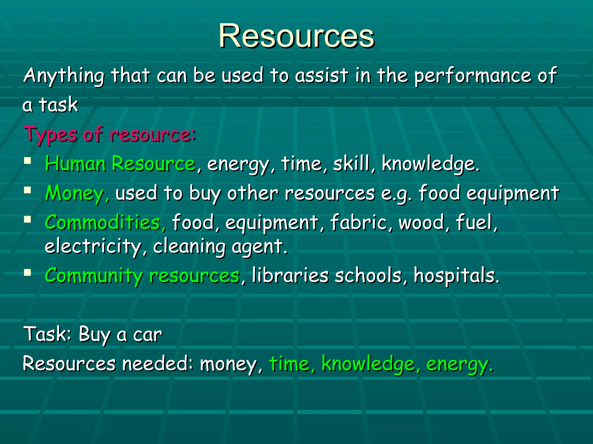 RReessoouurrcceess 
AAnnyytthhiinngg tthhaatt ccaann bbee uusseedd ttoo aassssiisstt iinn tthhee ppeerrffoorrmmaannccee ooff 
aa ttaasskk 
TTyyppeess ooff rreessoouurrccee:: 
 HHuummaann RReessoouurrccee,, eenneerrggyy,, ttiimmee,, sskkiillll,, kknnoowwlleeddggee.. 
 MMoonneeyy,, uusseedd ttoo bbuuyy ootthheerr rreessoouurrcceess ee..gg.. ffoooodd eeqquuiippmmeenntt 
 CCoommmmooddiittiieess,, ffoooodd,, eeqquuiippmmeenntt,, ffaabbrriicc,, wwoooodd,, ffuueell,, 
eelleeccttrriicciittyy,, cclleeaanniinngg aaggeenntt.. 
 CCoommmmuunniittyy rreessoouurrcceess,, lliibbrraarriieess sscchhoooollss,, hhoossppiittaallss.. 
TTaasskk:: BBuuyy aa ccaarr 
RReessoouurrcceess nneeeeddeedd:: mmoonneeyy,, ttiimmee,, kknnoowwlleeddggee,, eenneerrggyy.. 
 
