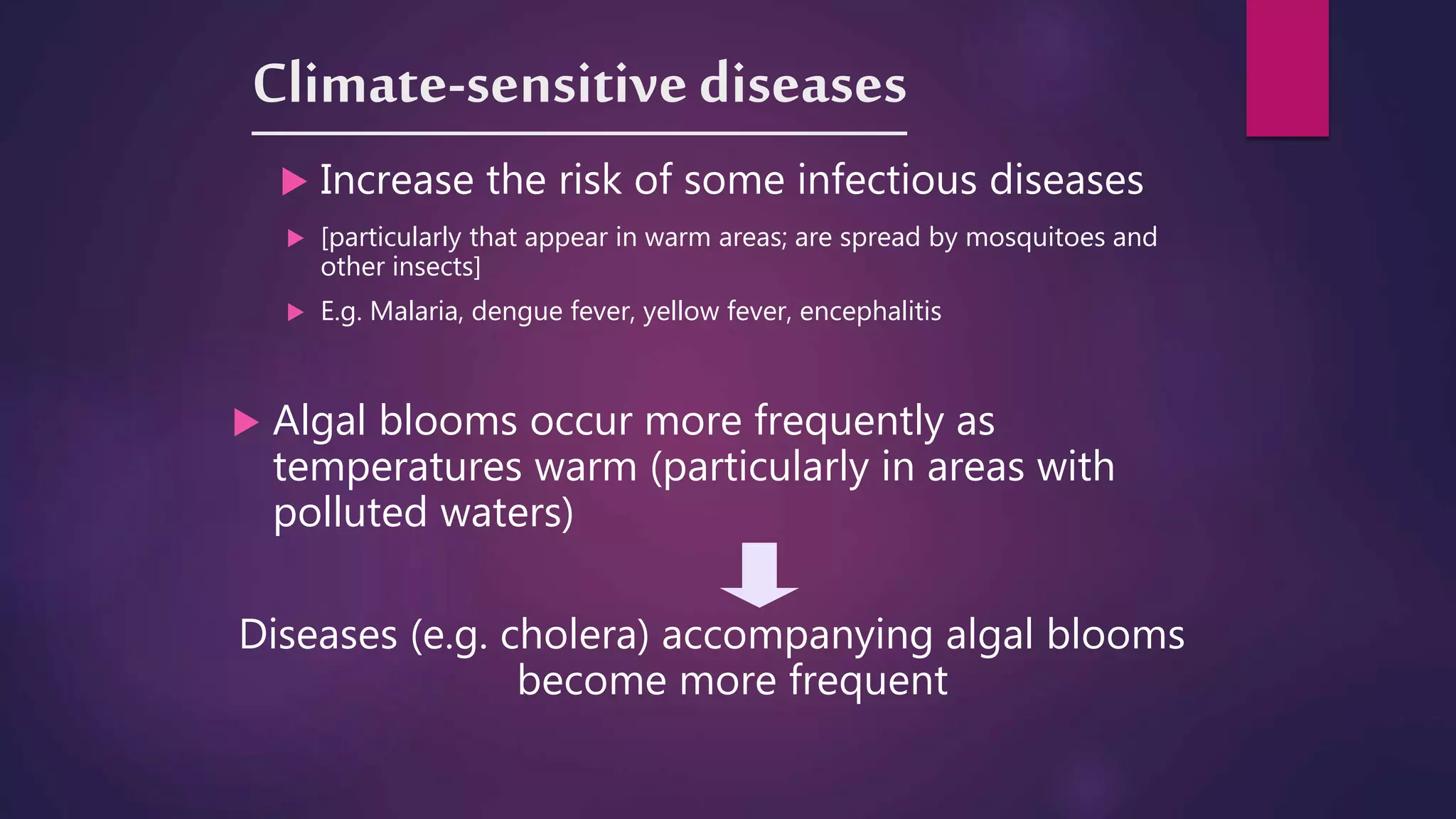 Climate-sensitivediseases
 Increase the risk of some infectious diseases
 [particularly that appear in warm areas; are spread by mosquitoes and
other insects]
 E.g. Malaria, dengue fever, yellow fever, encephalitis
 Algal blooms occur more frequently as
temperatures warm (particularly in areas with
polluted waters)
Diseases (e.g. cholera) accompanying algal blooms
become more frequent
 