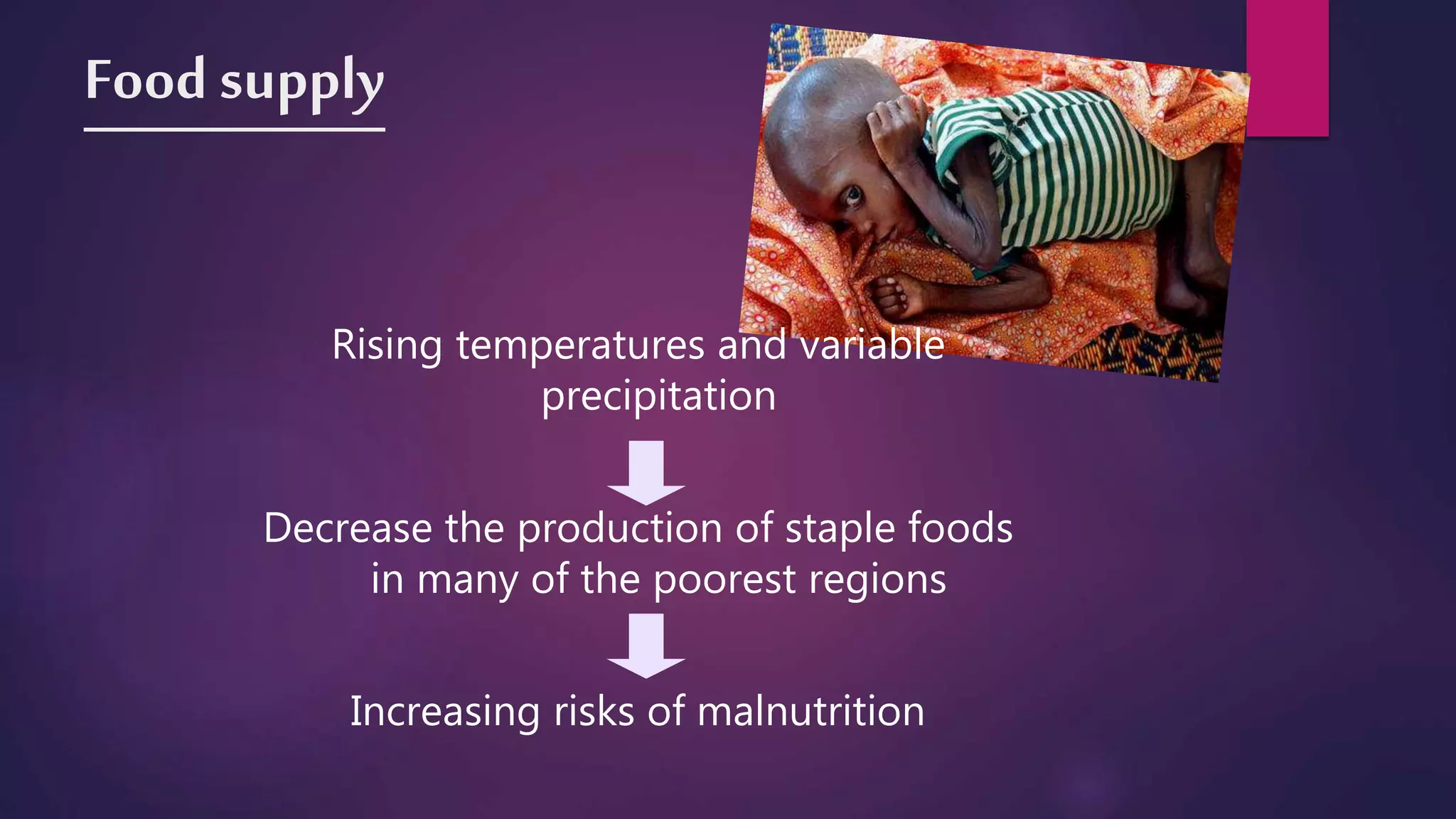 Food supply
Rising temperatures and variable
precipitation
Decrease the production of staple foods
in many of the poorest regions
Increasing risks of malnutrition
 