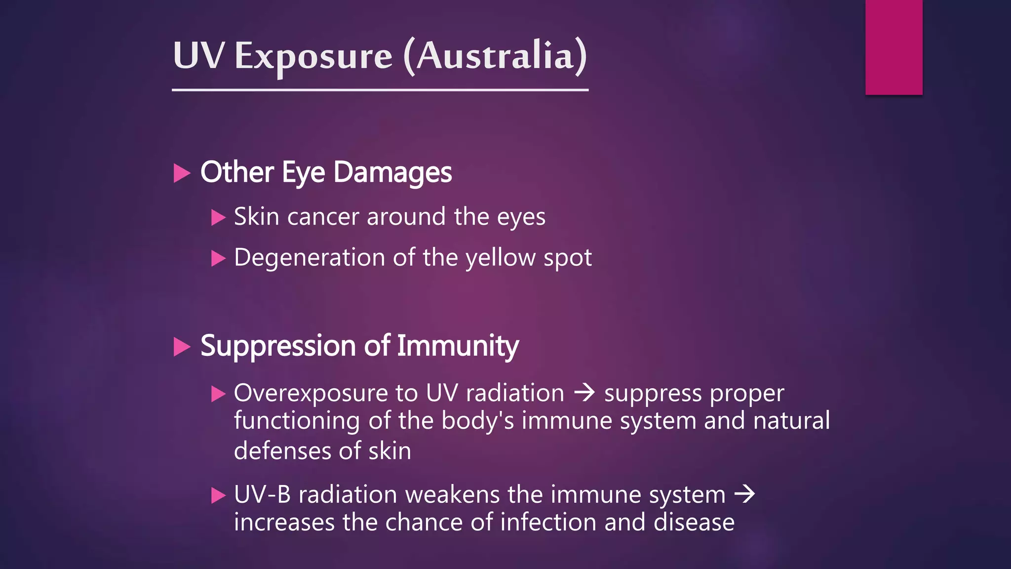 UV Exposure (Australia)
 Other Eye Damages
 Skin cancer around the eyes
 Degeneration of the yellow spot
 Suppression of Immunity
 Overexposure to UV radiation  suppress proper
functioning of the body's immune system and natural
defenses of skin
 UV-B radiation weakens the immune system 
increases the chance of infection and disease
 