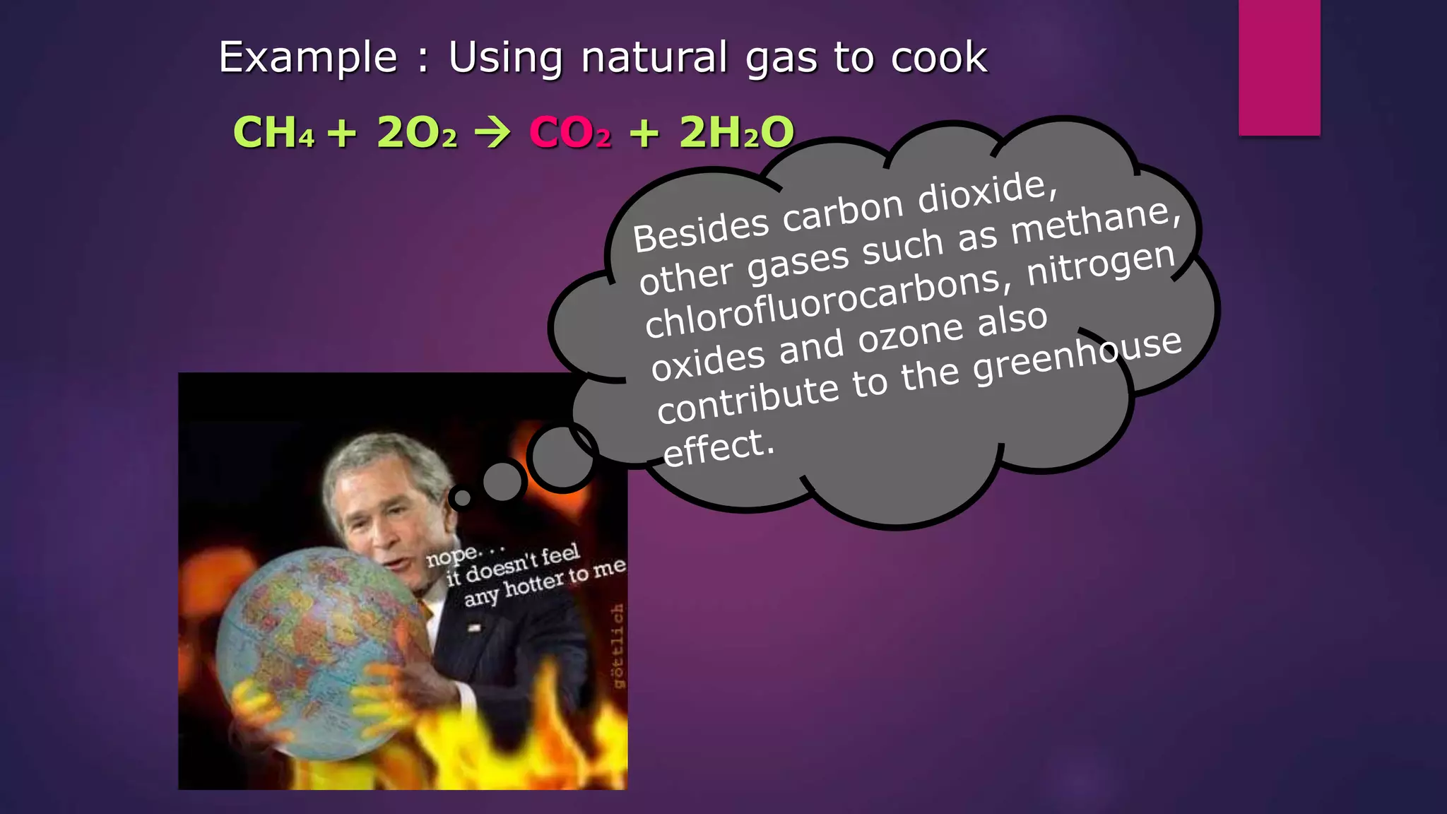 Example : Using natural gas to cook
CH4 + 2O2  CO2 + 2H2O
 