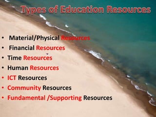 • Material/Physical Resources
• Financial Resources
• Time Resources
• Human Resources
• ICT Resources
• Community Resources
• Fundamental /Supporting Resources
 