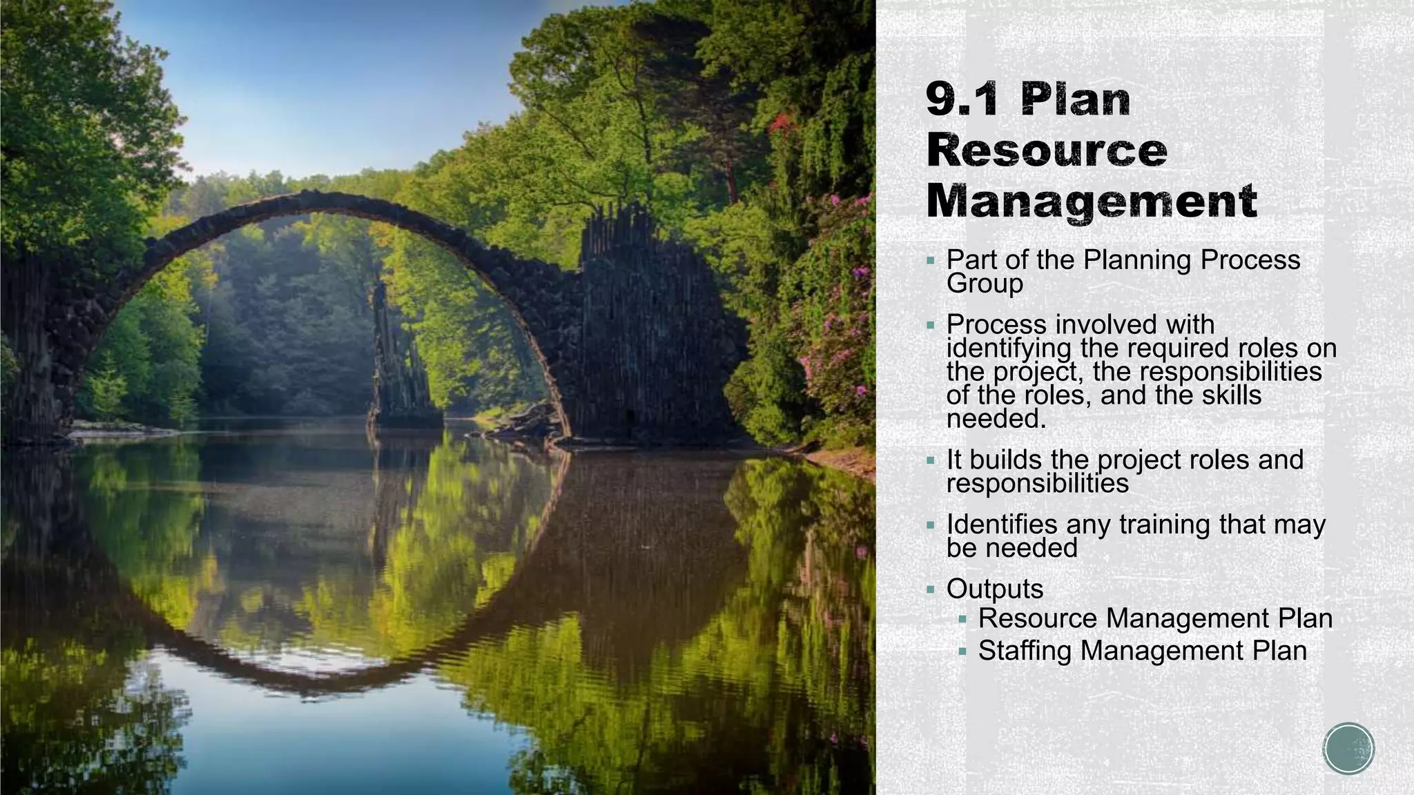  Part of the Planning Process
Group
 Process involved with
identifying the required roles on
the project, the responsibilities
of the roles, and the skills
needed.
 It builds the project roles and
responsibilities
 Identifies any training that may
be needed
 Outputs
 Resource Management Plan
 Staffing Management Plan
 