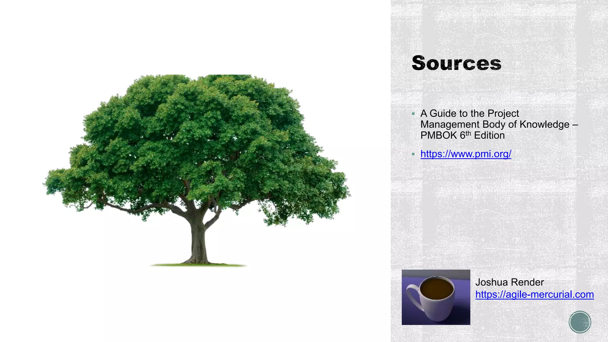  A Guide to the Project
Management Body of Knowledge –
PMBOK 6th Edition
 https://www.pmi.org/
Joshua Render
https://agile-mercurial.com
 